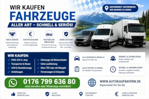 Wir kaufen Fahrzeuge aller Marken Bayernweit vor Ort - PKW, SUV, Jeep, Busse, Transporter & LKW