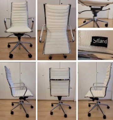Designer Büro-Drehstuhl Chefsessel mit hoher Lehne von Sitland aus weißem Leder, Chrom-Gestell
