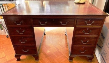 Mahagoni-Partner-Schreibtisch um 1910 mit rotem Leder