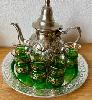 Orient.handgef.Tee Set 8-t. Teekanne 6 Teeglas Tablett Metall silber grün gold