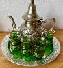 Orient.handgef.Tee Set 8-t. Teekanne 6 Teeglas Tablett Metall silber grün gold